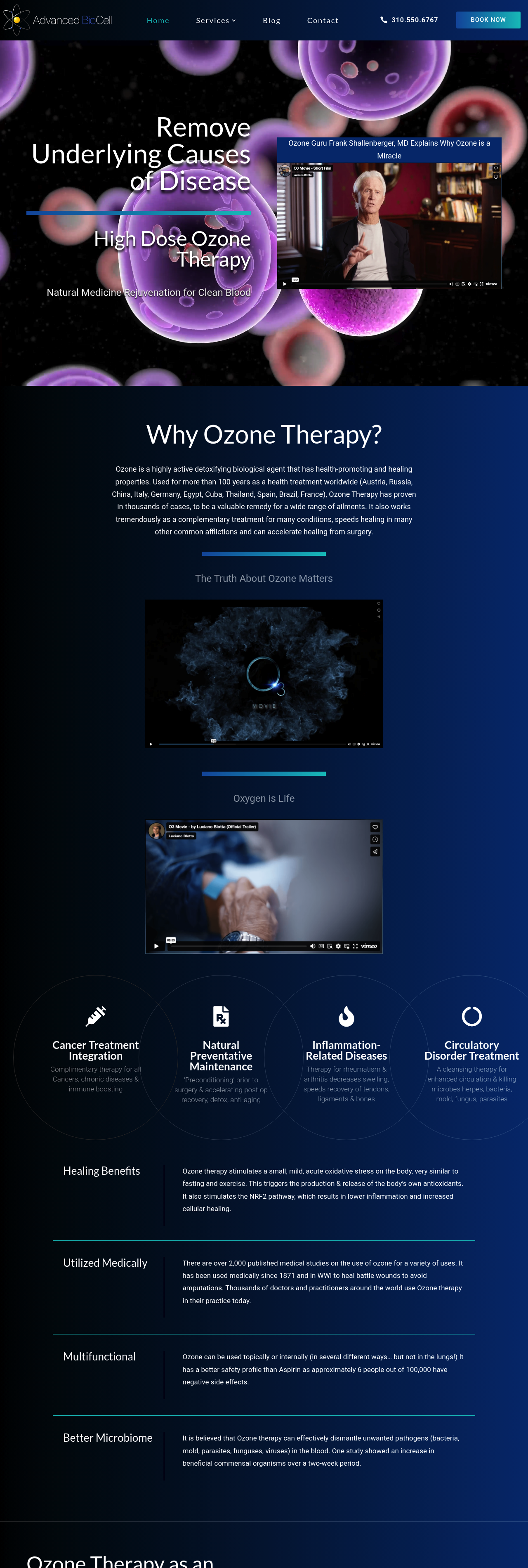 Full Advanced BioCell homepage showing the ozone therapy explanation, service areas, testimonials, and FAQ
