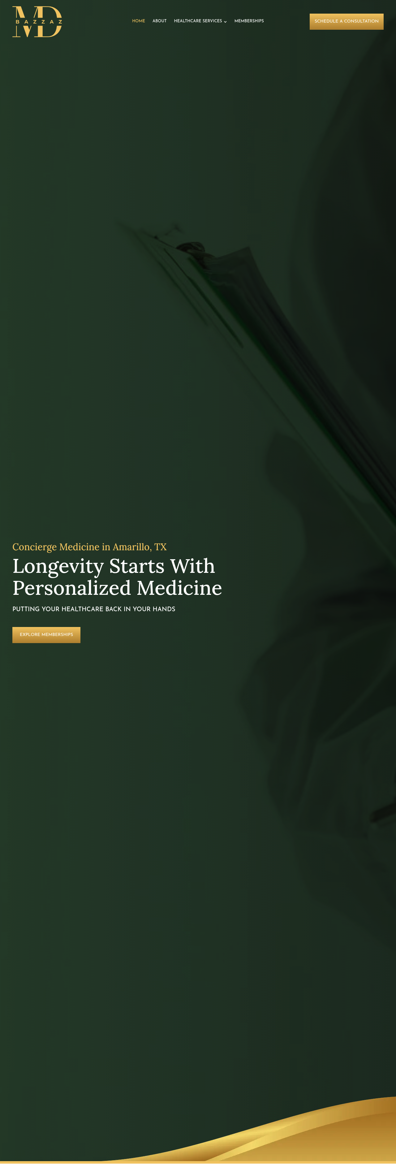 Full BazzazMD homepage showing service groups, membership tiers, physician bio, and consultation offer