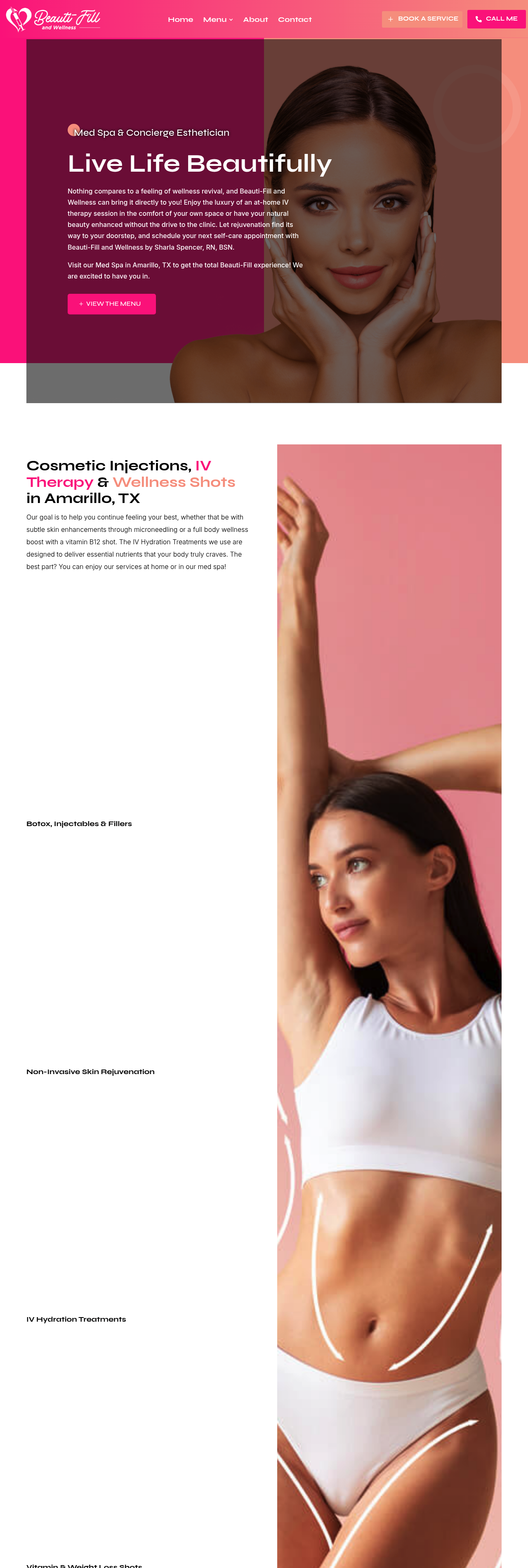 Full-length view of the Beauti-Fill homepage showing the service menu and benefits sections