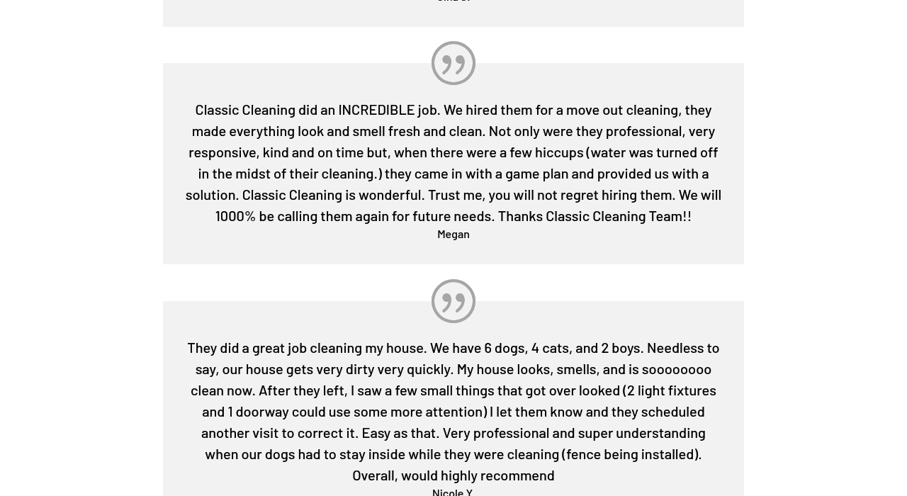 Classic Cleaning lower page with service area, reviews, and a request-a-quote call to action
