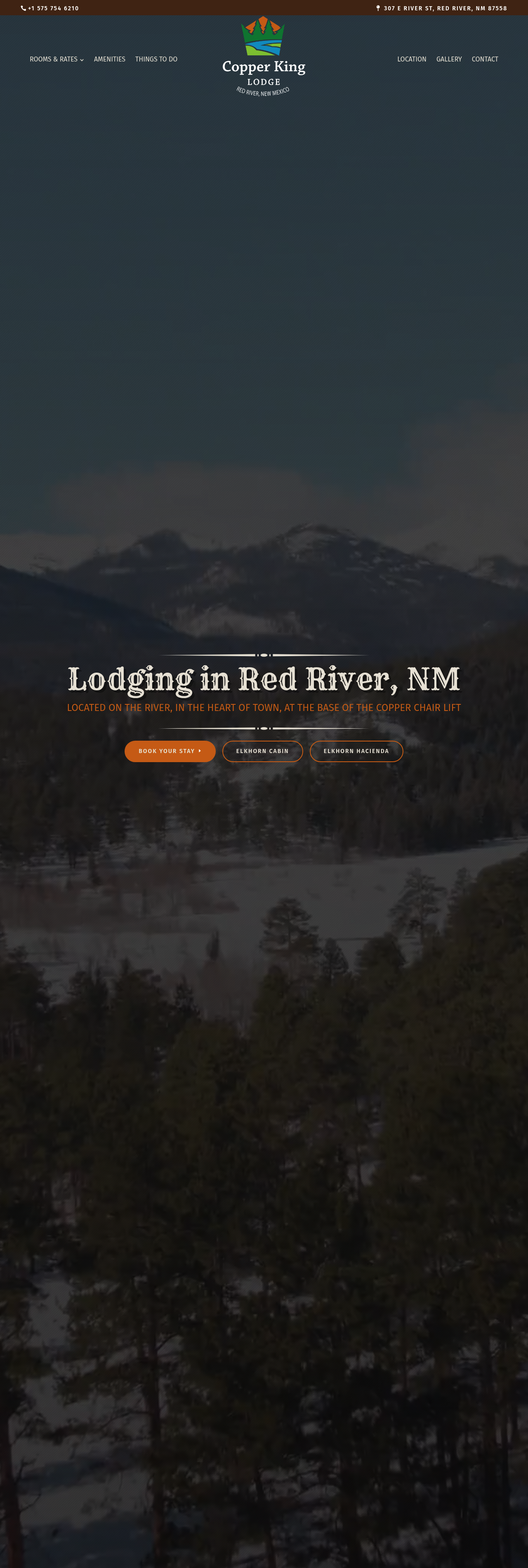 Full-length view of the Copper King Lodge homepage showing rooms, amenities, and activities