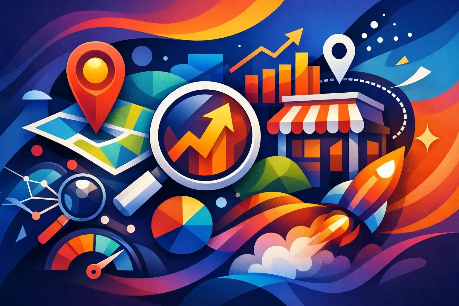 Local SEO techniques concept: map pin, search results, and small-business storefront