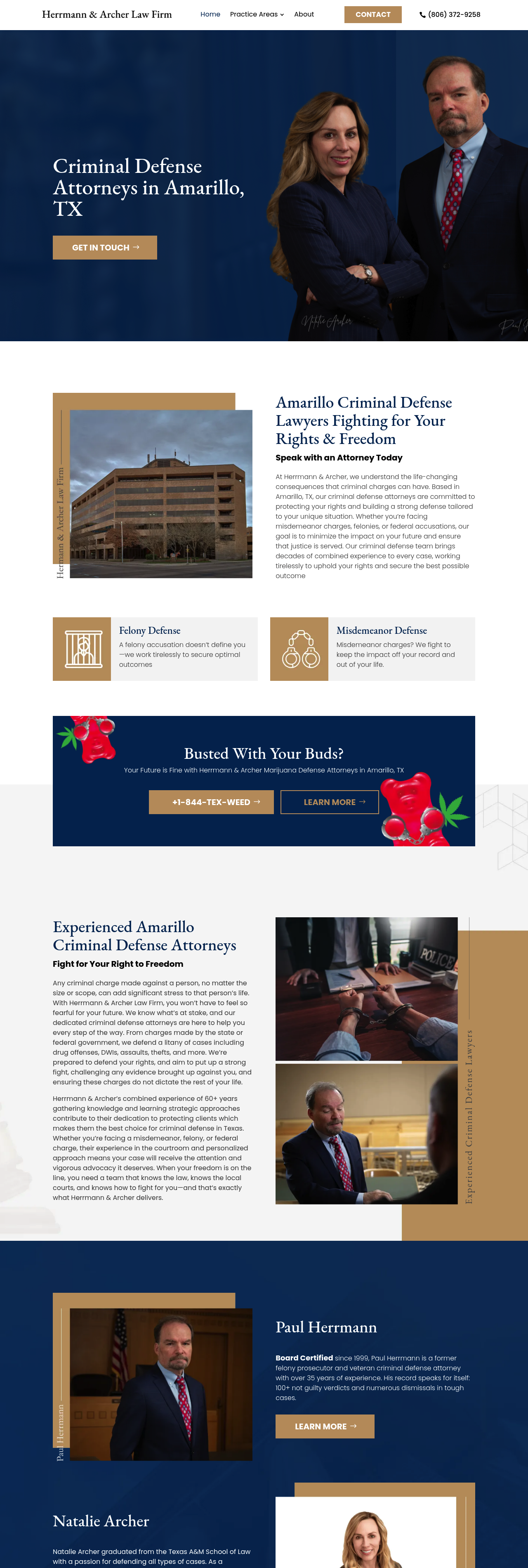 Full Herrmann & Archer homepage showing attorney bios, practice areas, reviews, and FAQ sections