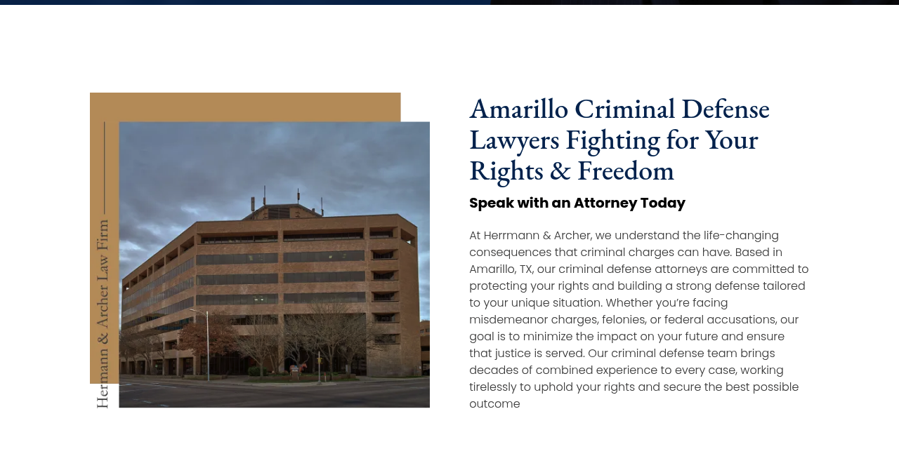 Herrmann & Archer homepage, an Amarillo criminal defense firm with a call-for-help hero