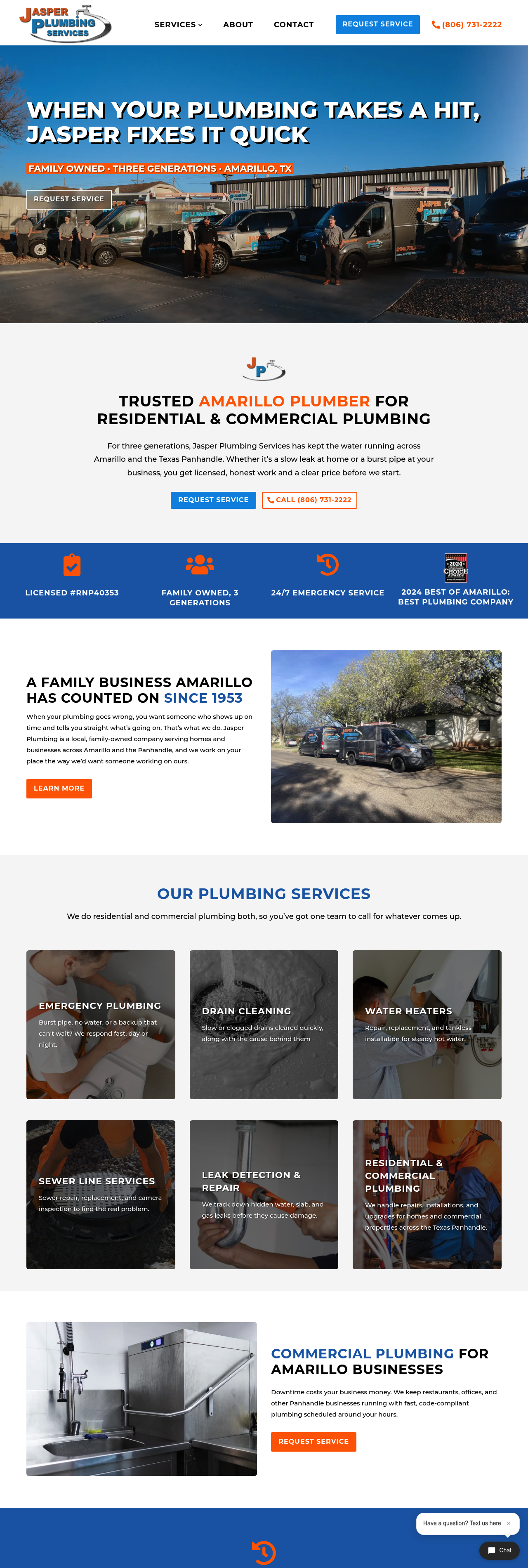 Full-page view of the Jasper Plumbing homepage from hero through services and calls to action