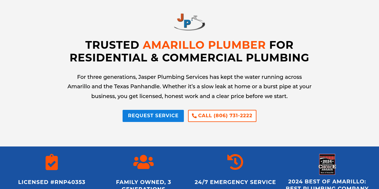 Jasper Plumbing homepage, an Amarillo plumber with the phone number everywhere