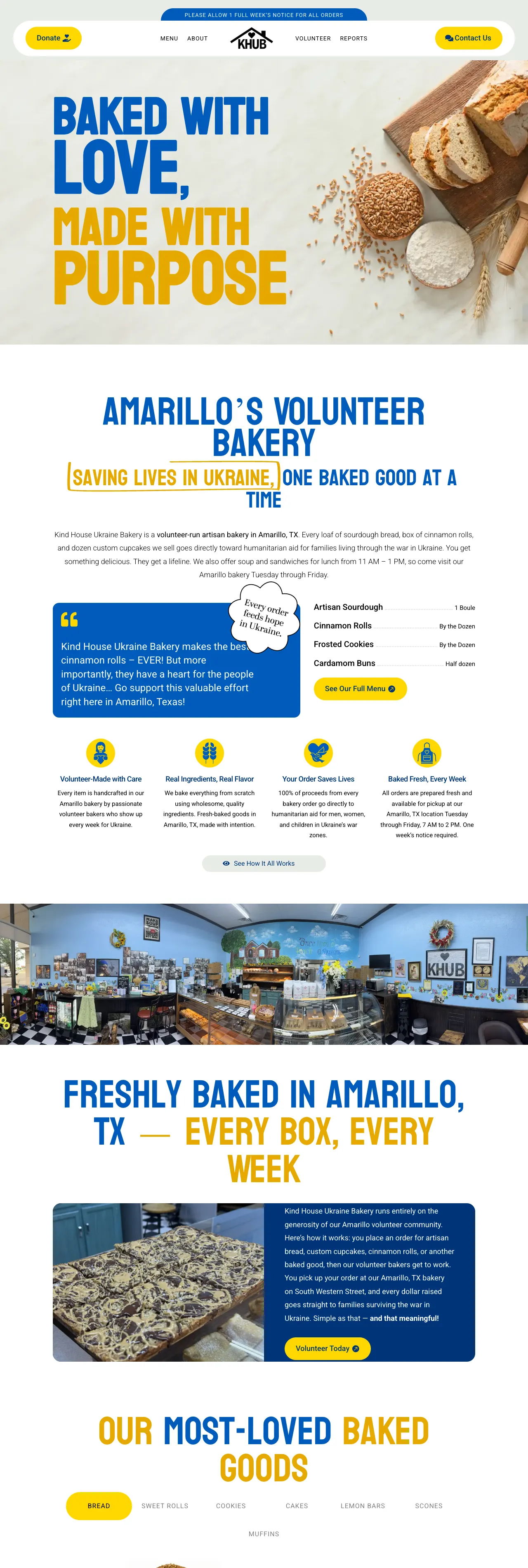 Full-page view of the Kind House Ukraine Bakery homepage from hero through menu and reviews