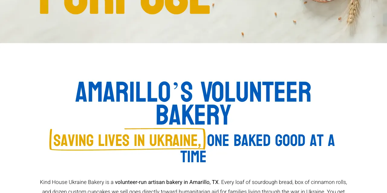 Kind House Ukraine Bakery homepage, Amarillo's volunteer-run bakery with ordering and its story