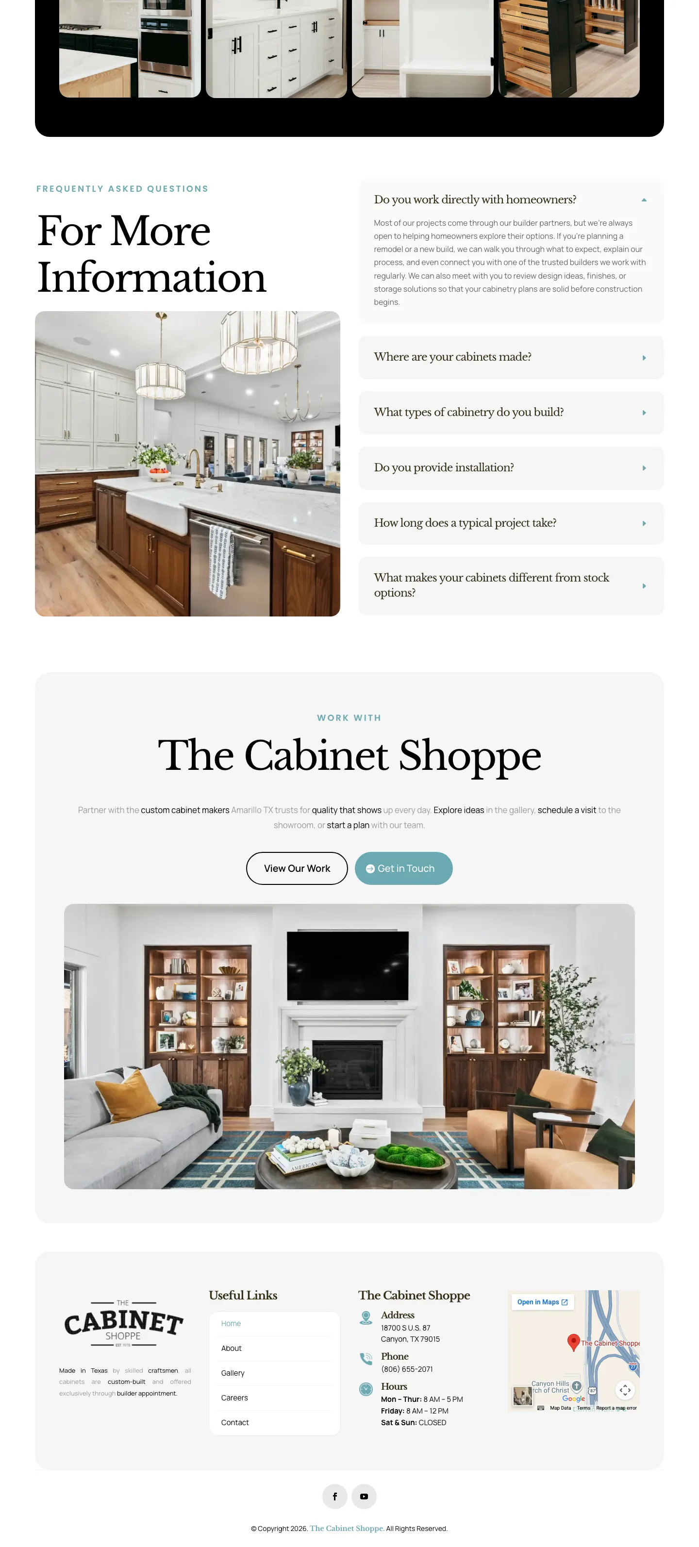 The Cabinet Shoppe website, project gallery and contact sections