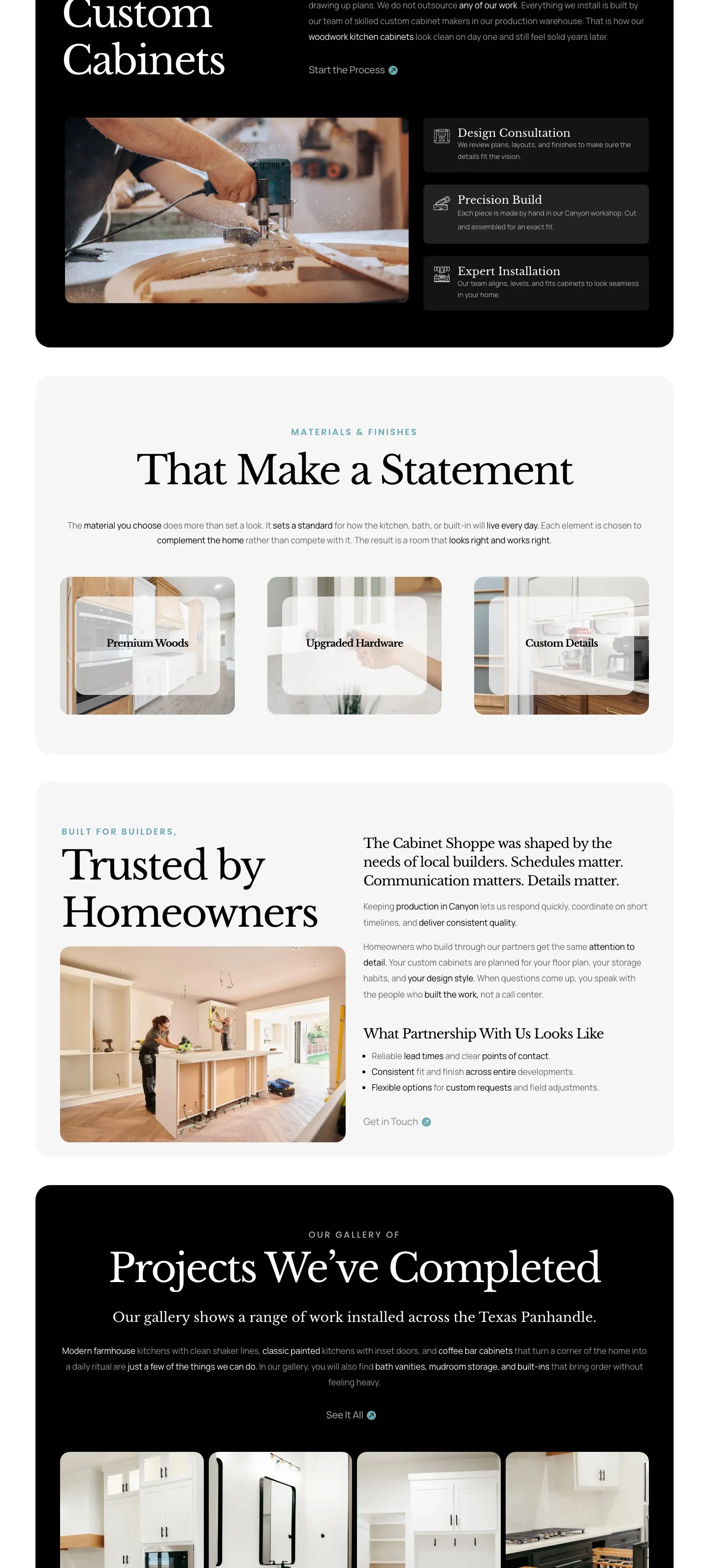 The Cabinet Shoppe website, craft and process and materials sections