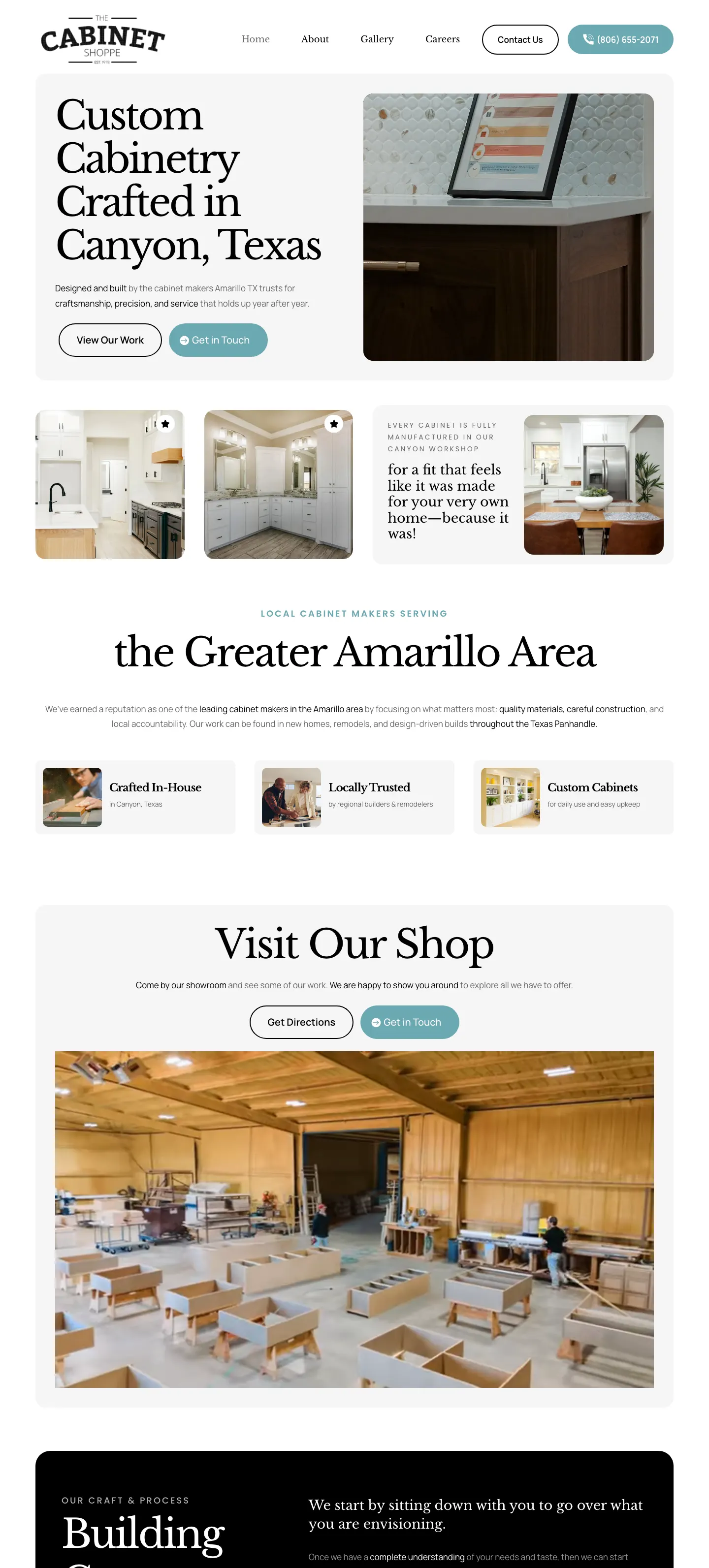 The Cabinet Shoppe website, hero and services, custom cabinetry in Canyon TX