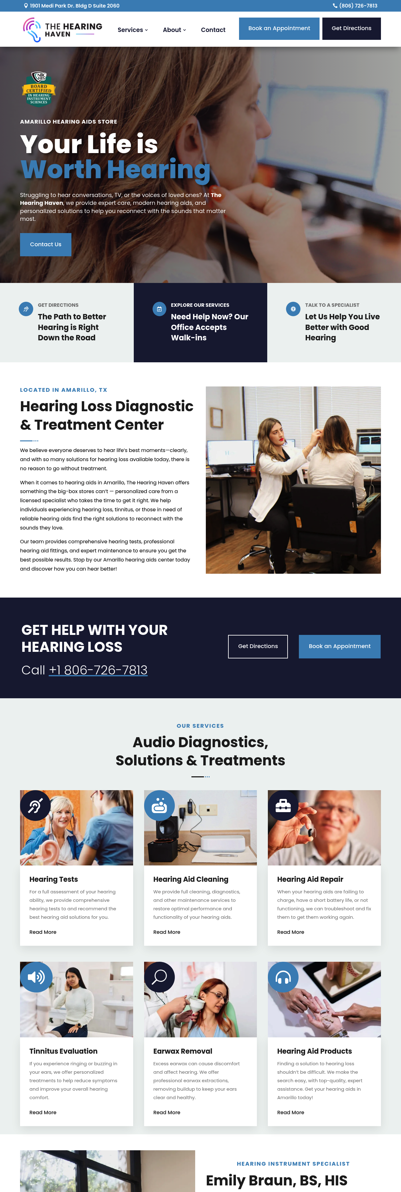 Full-page view of The Hearing Haven homepage from hero through services and booking sections
