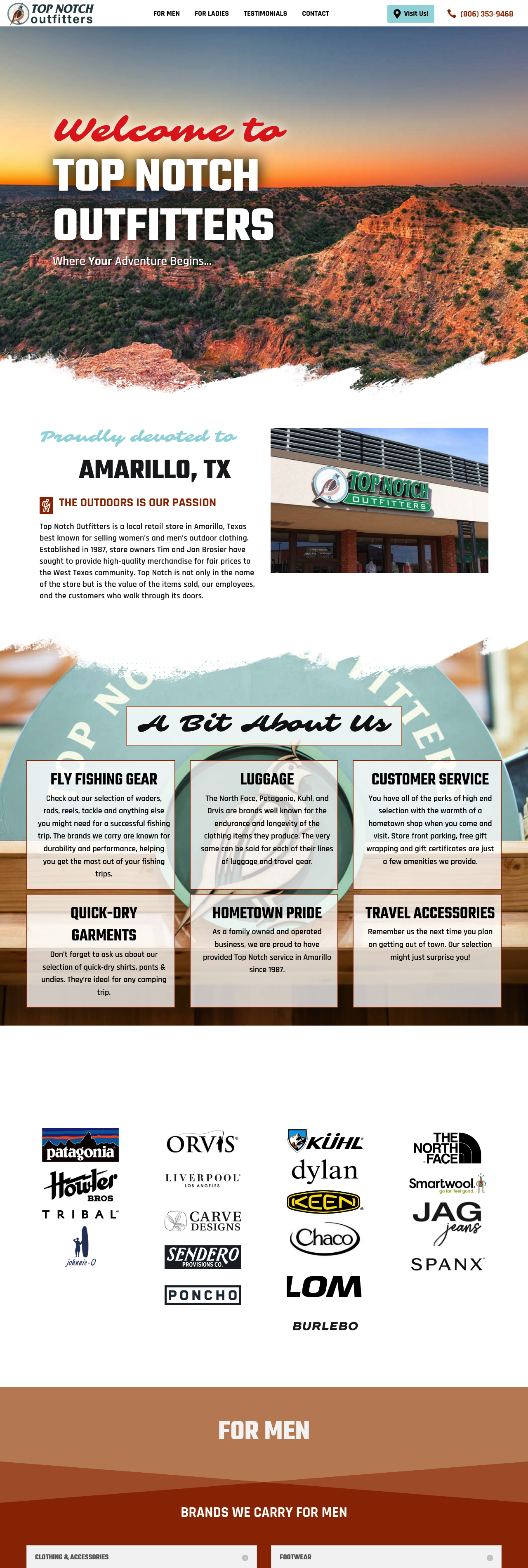 Full-length view of the Top Notch Outfitters page showing the about section and brand lists
