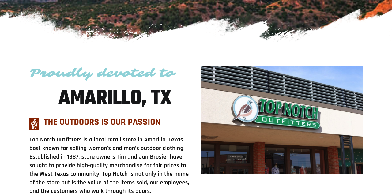 Top Notch Outfitters homepage, a family-owned Amarillo outfitter showing its brands