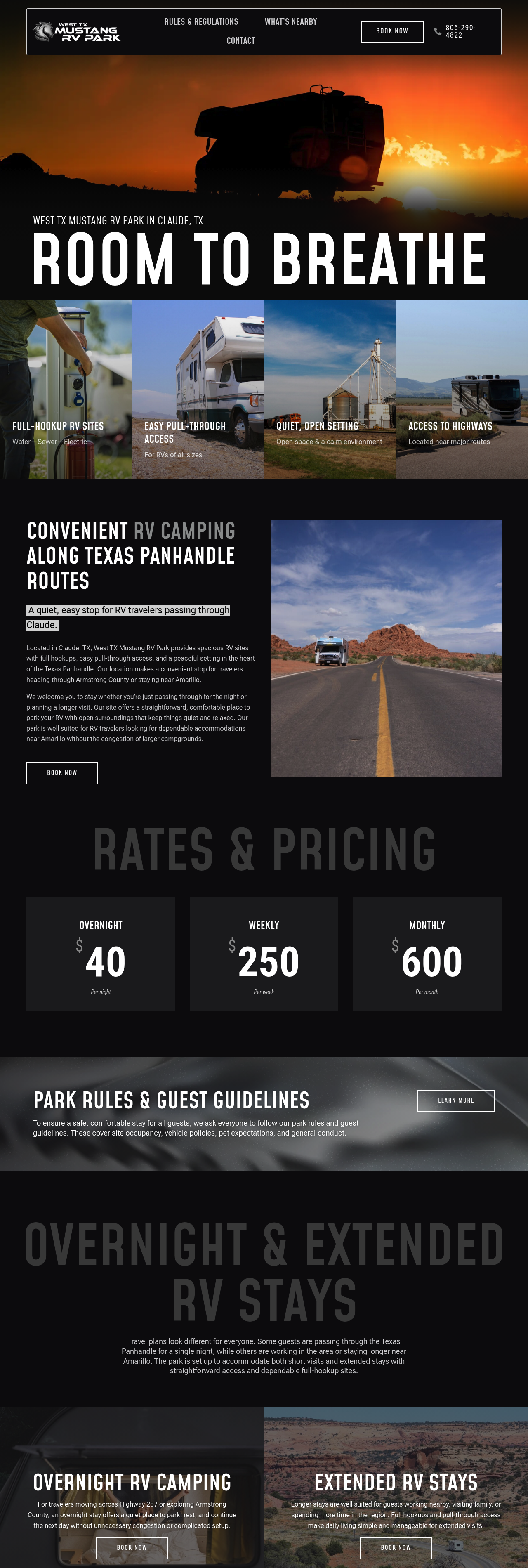 Full homepage of West TX Mustang RV Park including rates, park rules, nearby destinations, and FAQ sections